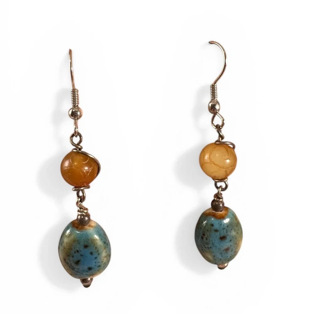 Unbranded Drop Earrings Womens OS Teal Amber Good‎ Ceramic Stone Boho Artisanal